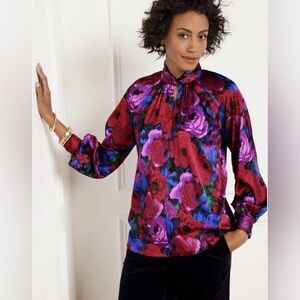 New TALBOTS Top Blouse Twist Neck Soft Satin Charmeuse Wrapped Floral
